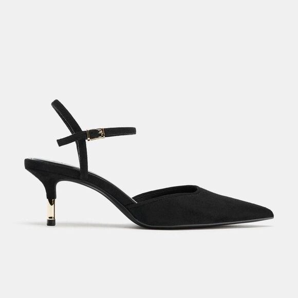 NWT Zara Vampy Black Faux Suede Slingback Gold Kitten High Heels US 8 - Picture 2 of 8